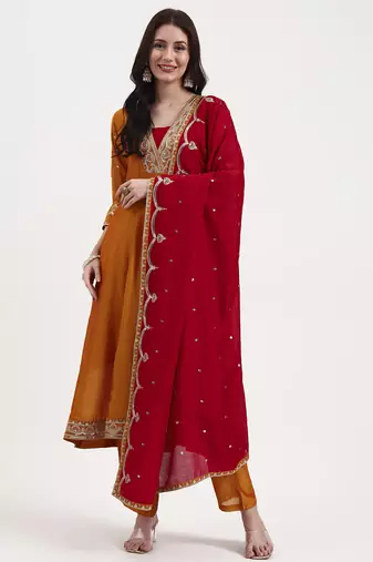 mustard vichitra kalidaar kurta set with pant and dupatta