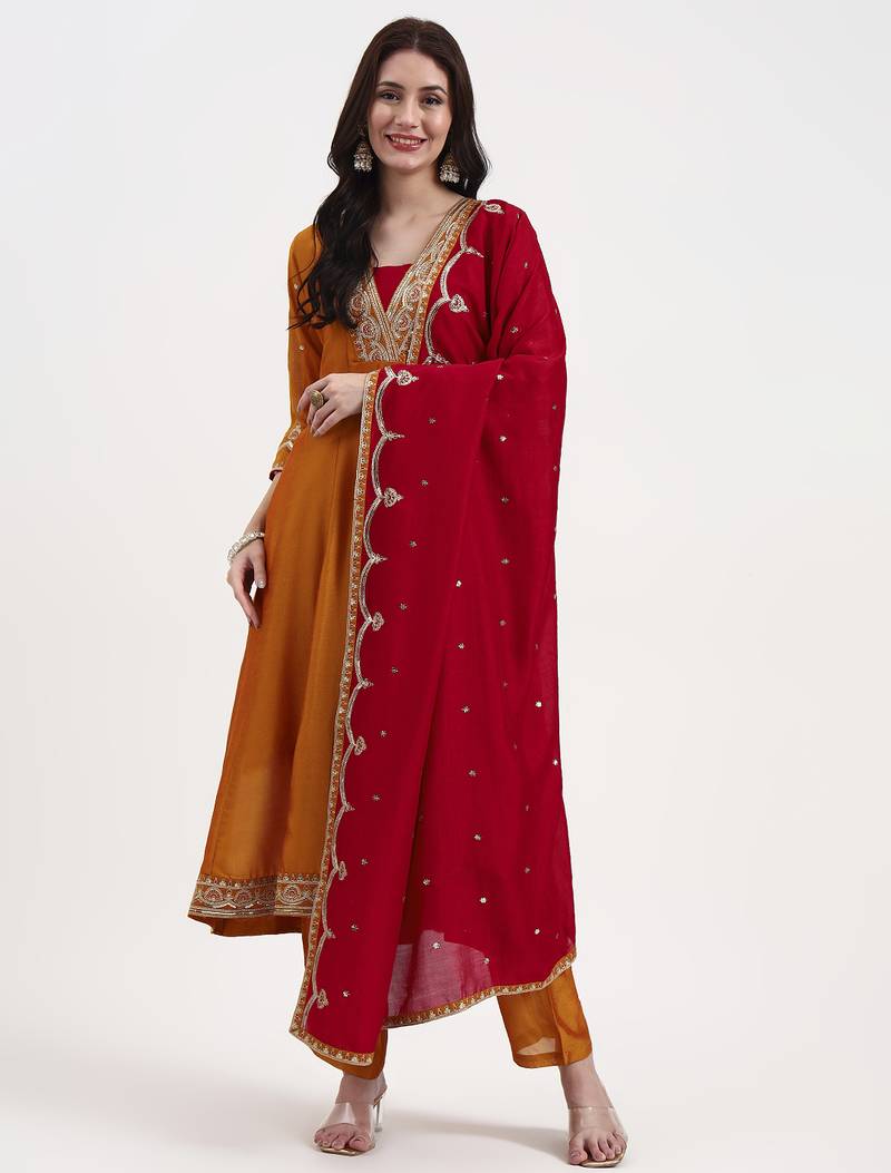 Yufta mustard vichitra kalidaar kurta set with pant and dupatta