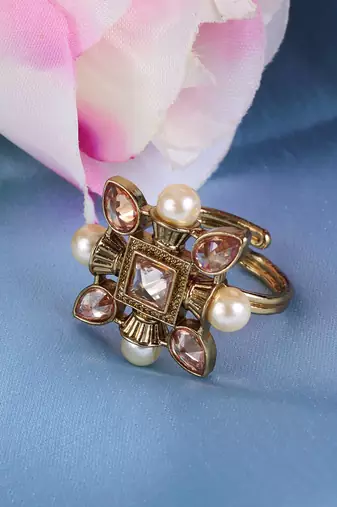 Superb flower and oval shape gold plated set of 2 combo adjustable finger ring for women