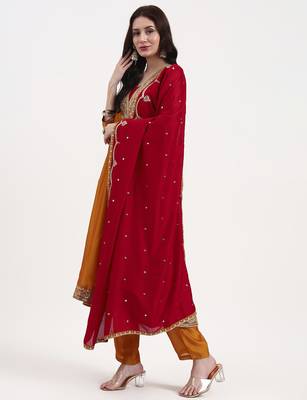 mustard vichitra kalidaar kurta set with pant and dupatta 2