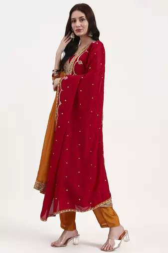 mustard vichitra kalidaar kurta set with pant and dupatta
