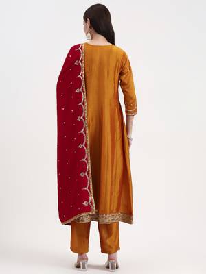 mustard vichitra kalidaar kurta set with pant and dupatta 3