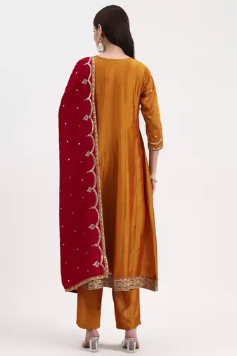 mustard vichitra kalidaar kurta set with pant and dupatta