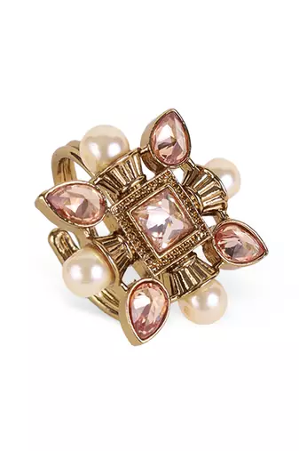 Superb flower and oval shape gold plated set of 2 combo adjustable finger ring for women