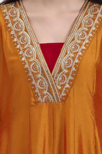 mustard vichitra kalidaar kurta set with pant and dupatta