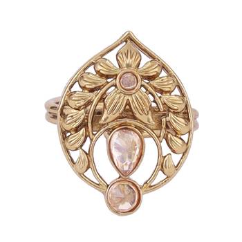 Superb flower and oval shape gold plated set of 2 combo adjustable finger ring for women 5