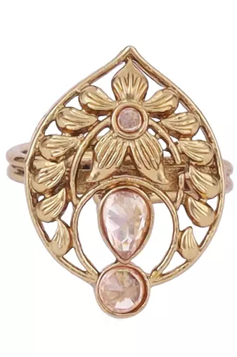 Superb flower and oval shape gold plated set of 2 combo adjustable finger ring for women