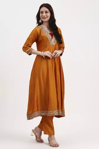 mustard vichitra kalidaar kurta set with pant and dupatta