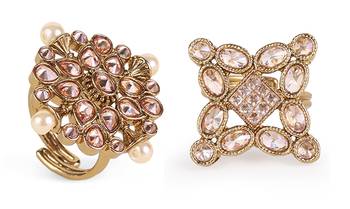 Round and flower design gold plated set of 2 combo brass adjustable finger ring for women 1