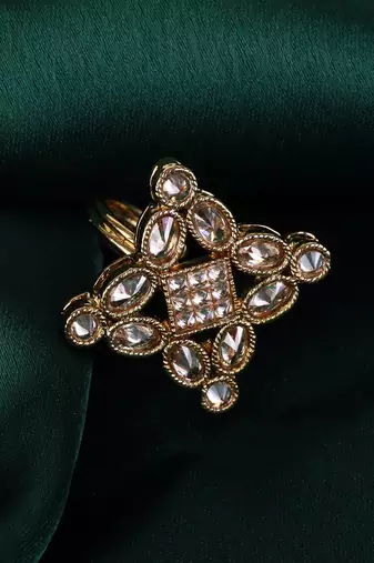 Round and flower design gold plated set of 2 combo brass adjustable finger ring for women