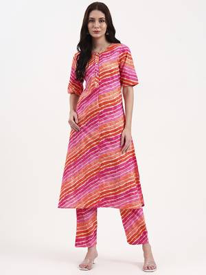 pink cotton leheriya kurta pant set 1