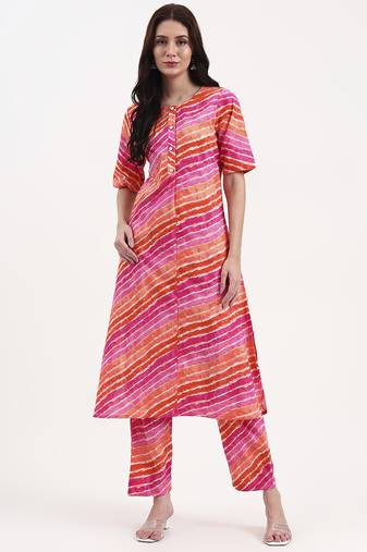 pink cotton leheriya kurta pant set