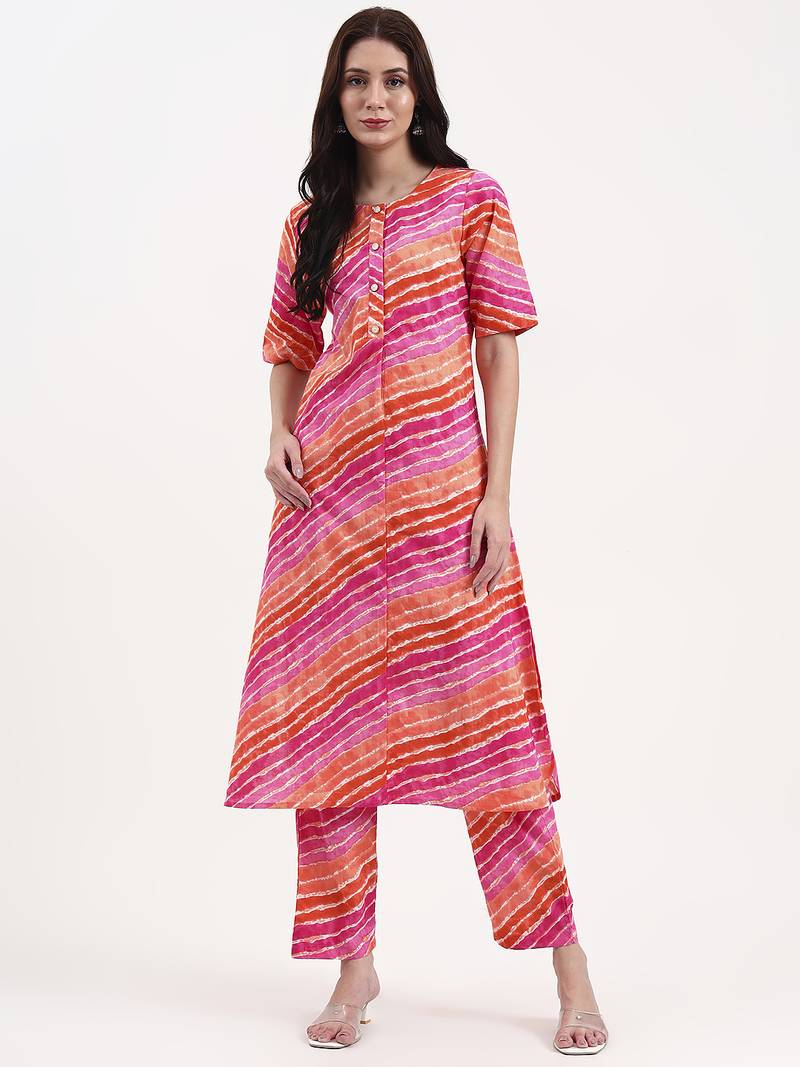 Yufta pink cotton leheriya kurta pant set