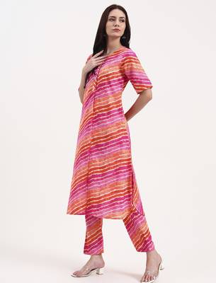 pink cotton leheriya kurta pant set 2