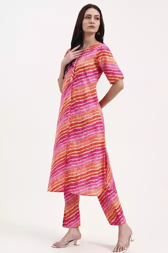 pink cotton leheriya kurta pant set