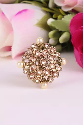 Round and flower design gold plated set of 2 combo brass adjustable finger ring for women