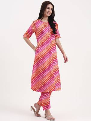 pink cotton leheriya kurta pant set 5