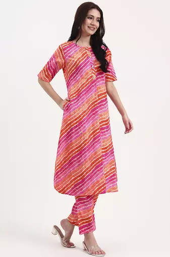 pink cotton leheriya kurta pant set