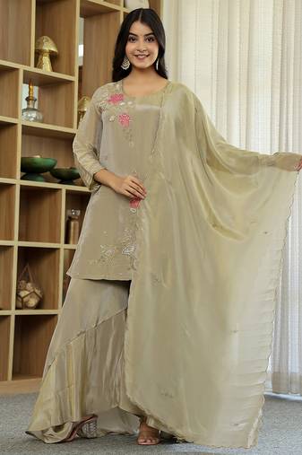Yufta tissue green beads and stones sequins work kurta dupatta set with divider palazzo set