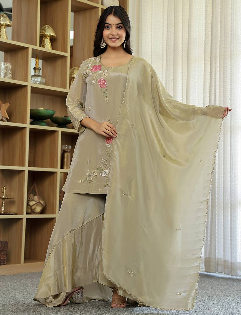 Yufta tissue green beads and stones sequins work kurta dupatta set with divider palazzo set