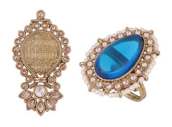 Incredible flower and kalash shape gold plated set of 2 combo adjustable finger ring for women 1