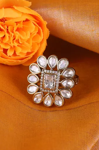 Modish round and oval shape gold plated set of 2 combo adjustable finger ring for women