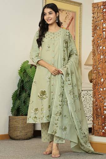 Yufta green floral print pure cotton kantha work a-line kurta trouser dupatta set