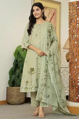 Yufta green floral print pure cotton kantha work a-line kurta trouser dupatta set