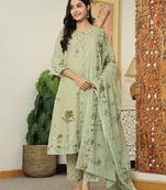 green floral print pure cotton kantha work a-line kurta trouser dupatta set