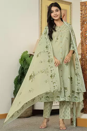 green floral print pure cotton kantha work a-line kurta trouser dupatta set