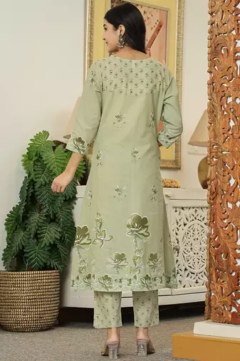 green floral print pure cotton kantha work a-line kurta trouser dupatta set