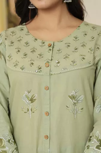 green floral print pure cotton kantha work a-line kurta trouser dupatta set