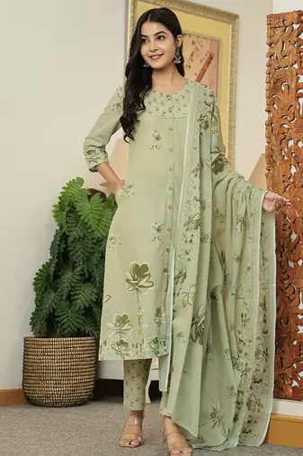 green floral print pure cotton kantha work a-line kurta trouser dupatta set
