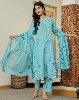 sky blue floral print pure cotton kantha work a-line kurta trouser dupatta set 1