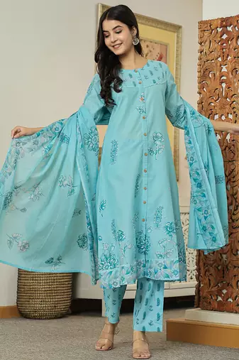 Yufta sky blue floral print pure cotton kantha work a-line kurta trouser dupatta set