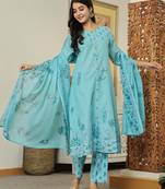 sky blue floral print pure cotton kantha work a-line kurta trouser dupatta set