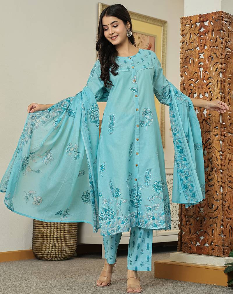 Yufta sky blue floral print pure cotton kantha work a-line kurta trouser dupatta set