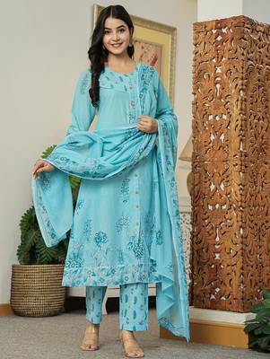 sky blue floral print pure cotton kantha work a-line kurta trouser dupatta set 2