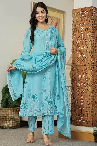 sky blue floral print pure cotton kantha work a-line kurta trouser dupatta set