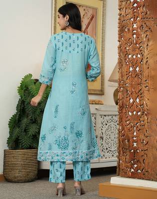 sky blue floral print pure cotton kantha work a-line kurta trouser dupatta set 3