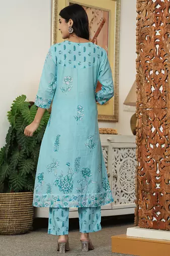 sky blue floral print pure cotton kantha work a-line kurta trouser dupatta set