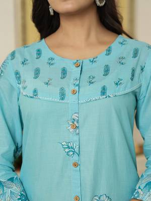 sky blue floral print pure cotton kantha work a-line kurta trouser dupatta set 4