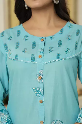 sky blue floral print pure cotton kantha work a-line kurta trouser dupatta set