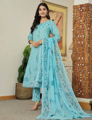 sky blue floral print pure cotton kantha work a-line kurta trouser dupatta set 5