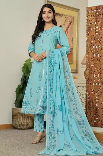 sky blue floral print pure cotton kantha work a-line kurta trouser dupatta set