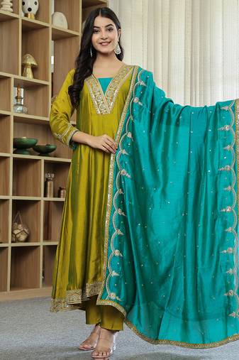 Yufta lime green vichitra kalidaar kurta trouser dupatta set