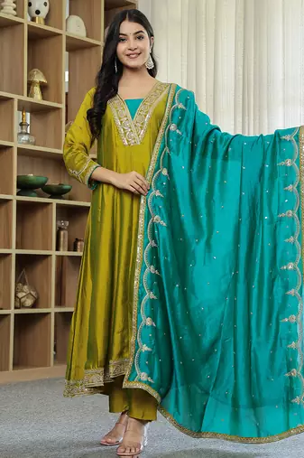 Yufta lime green vichitra kalidaar kurta trouser dupatta set