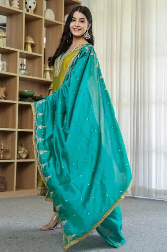 lime green vichitra kalidaar kurta trouser dupatta set