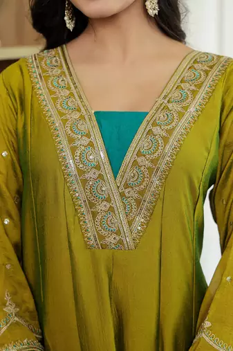 lime green vichitra kalidaar kurta trouser dupatta set