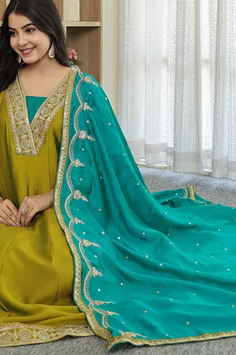 lime green vichitra kalidaar kurta trouser dupatta set